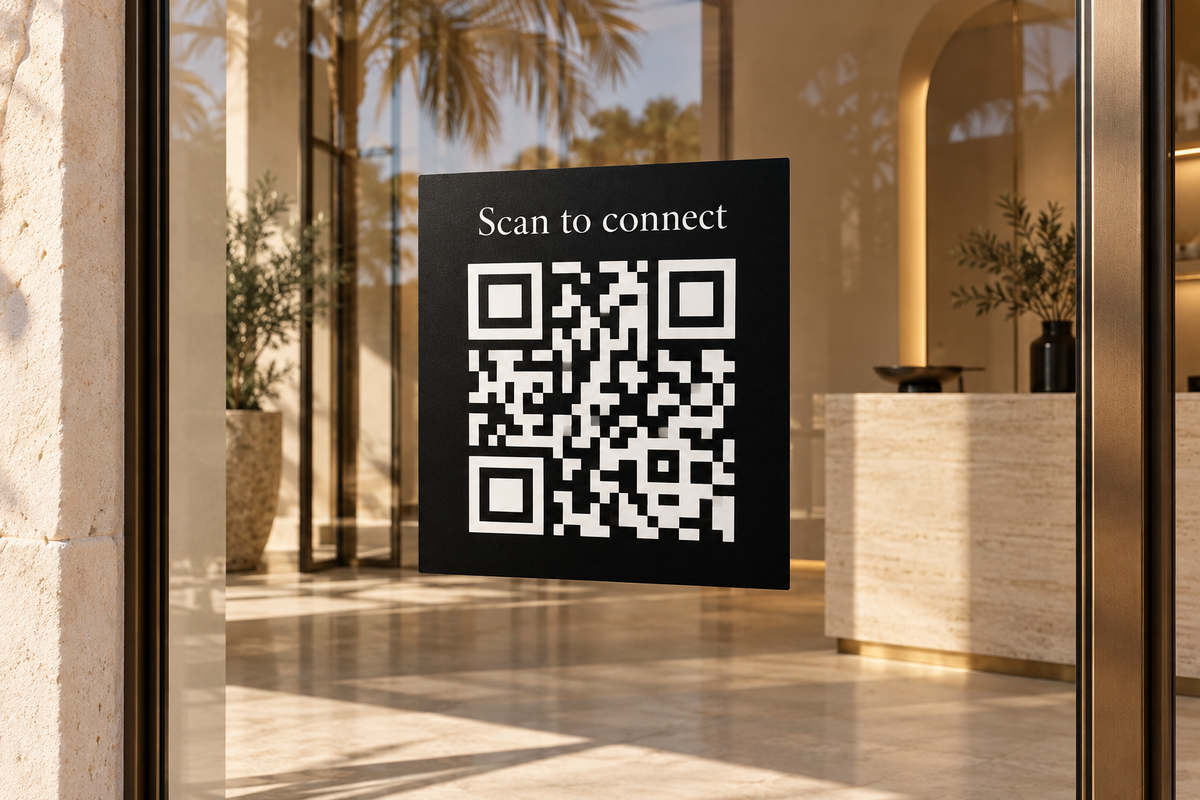 Printed QR decal on glass — illustrative product mockup