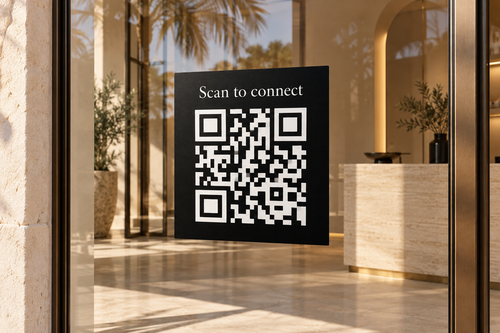 Printed QR decal on glass — illustrative product mockup