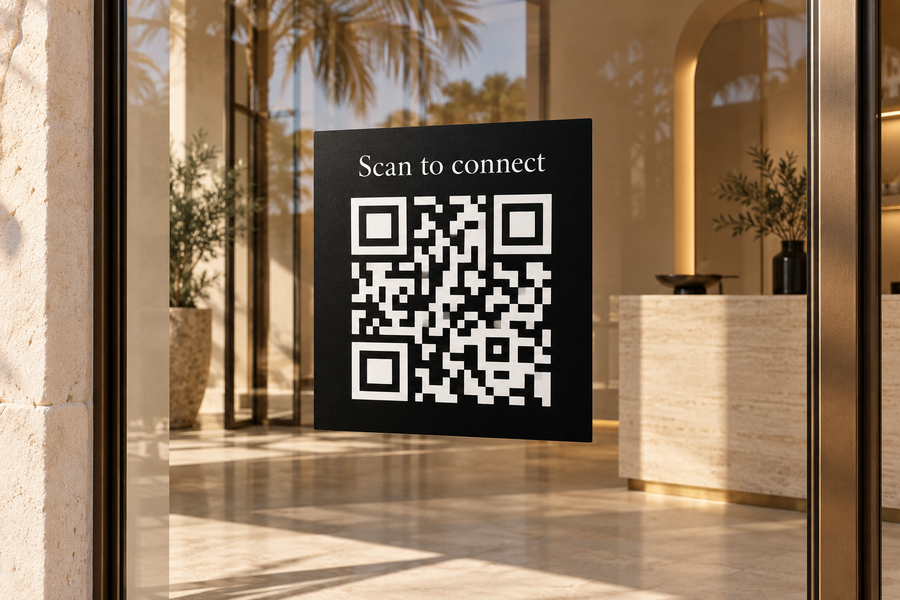 Printed QR decal on glass — illustrative product mockup