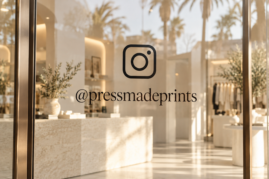 Press Made social media handle vinyl — styled glass application mockup