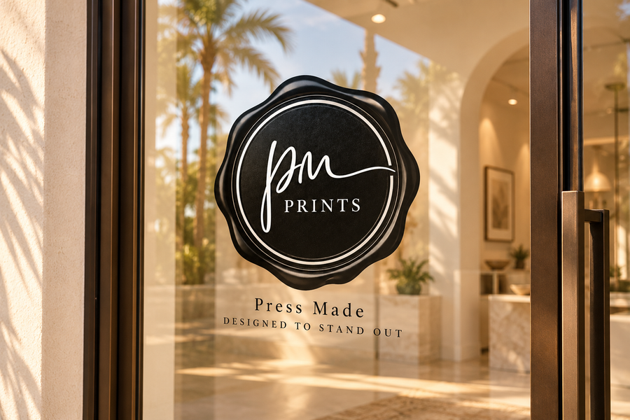 Press Made window and door vinyl — styled storefront mockup